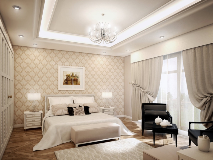 intérieur luxueux dans chambre complete adulte avec garde-robe encastrée de bois et plafond suspendu avec éclairage led