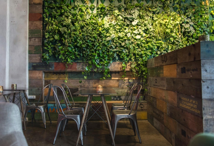 plante grimpante, chaises tolix, intérieur style industriel grand mur végétalisé