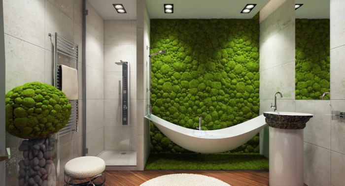 comment décorer sa salle de bain avec un mur vegetal contemporain, baignoire hamac