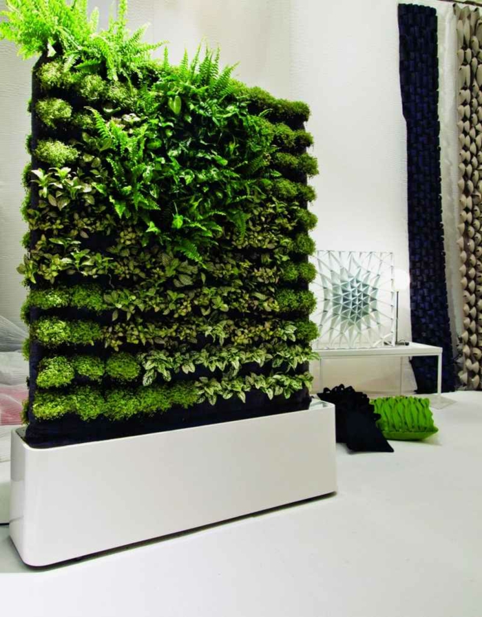 décoration d'intérieur végétale, mur vegetale original, intérieur blanc, coussins déco