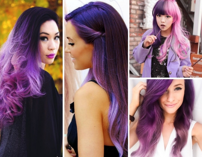 coloration cheveux tendance 2018 avec racines noires et pointes violets, coloration pastel en rose et violet