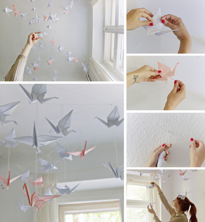 art de papier origami pour une décoration du plafond blanc dans la chambre d'ado fille