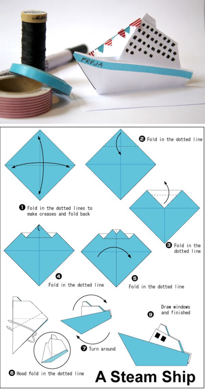 tuto origami facile pour commencer dans l'art de pliage origami, modèle de bateau à vapeur à réaliser en papier