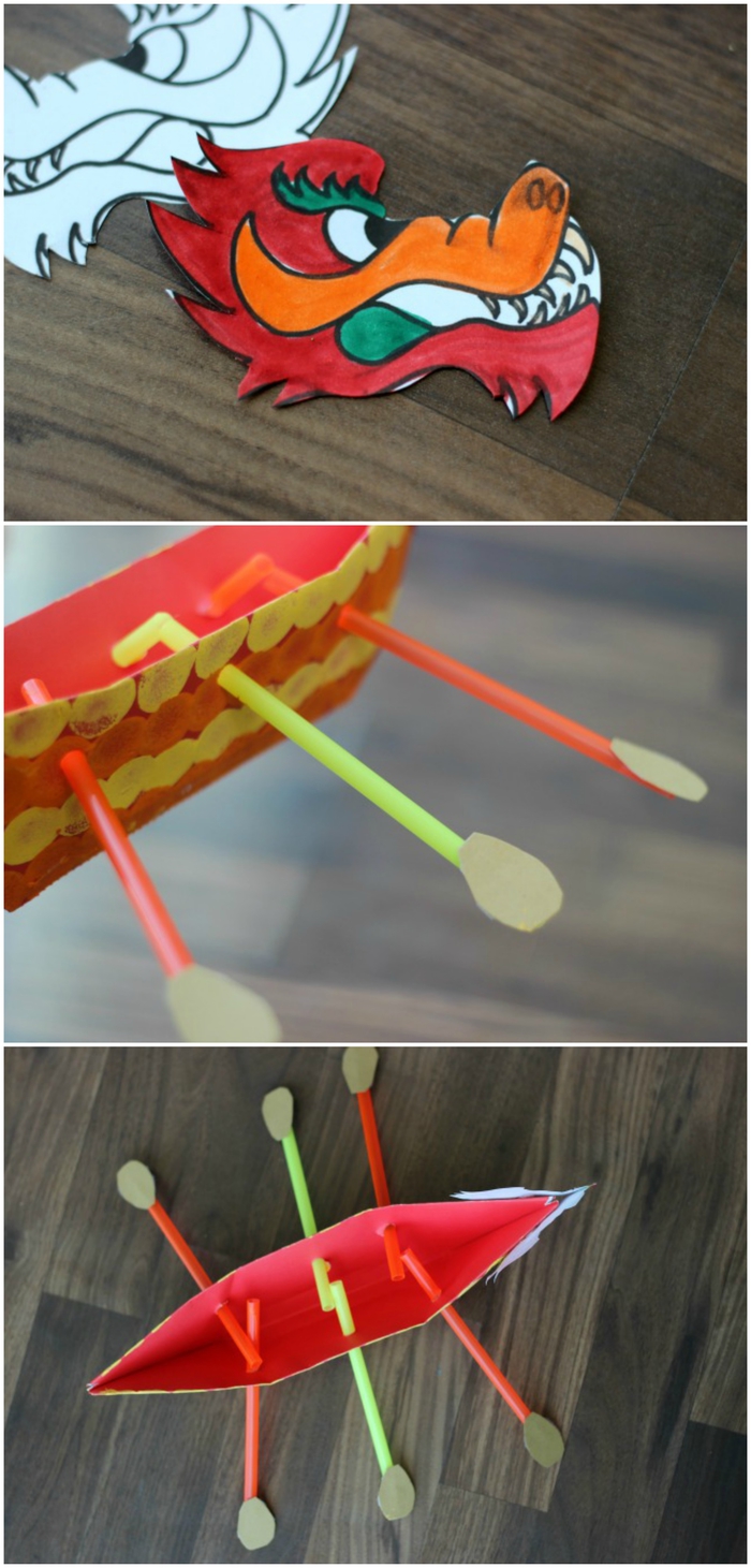 modele origami simple et rapide décoré comme un dragon chinois avec des rames de pailles et une tête de dragon à imprimer et à colorier