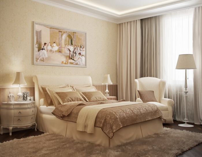 chambre design rétro luxe avec tapis moelleux beige et papier peint de couleur beige, modèle de lampe sur pied blanche