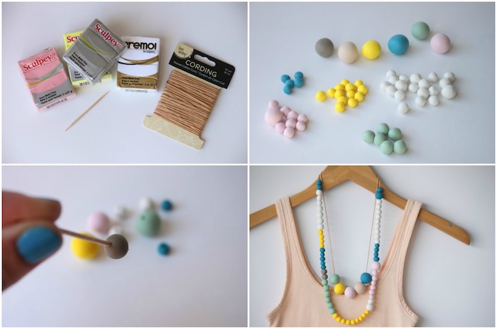 tuto pate fimo pour faire un collier de perles colorées pour femme, exemple de cadeau fetes des meres a fabriquer
