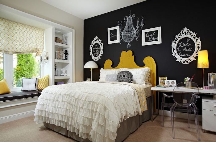 peinture ardoise magnétique sur un mur de fond avec decoration de cadres vides blancs, lit jaune et linge de lit blanc et gris