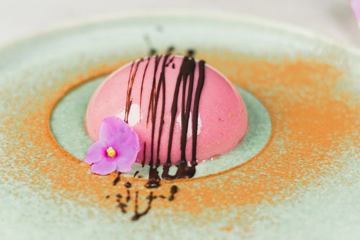 photo de panna cotta dans assiette dessert couleur rose et deco de chocolat et fleur comestible dans assiette marbre