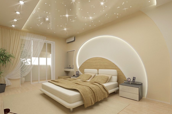 modèle de plafond moderne suspendu avec éclairage led à effet étoiles de ciel, peinture murale dans la chambre adulte