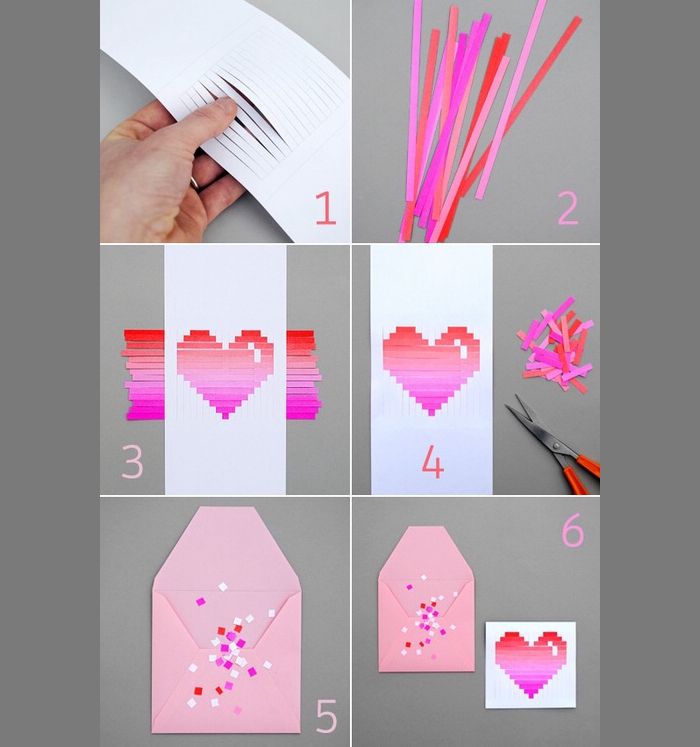 comment faire une carte pour la Saint Valentin et une enveloppe de papier rose avec décoration en morceaux de papier rose et rouge