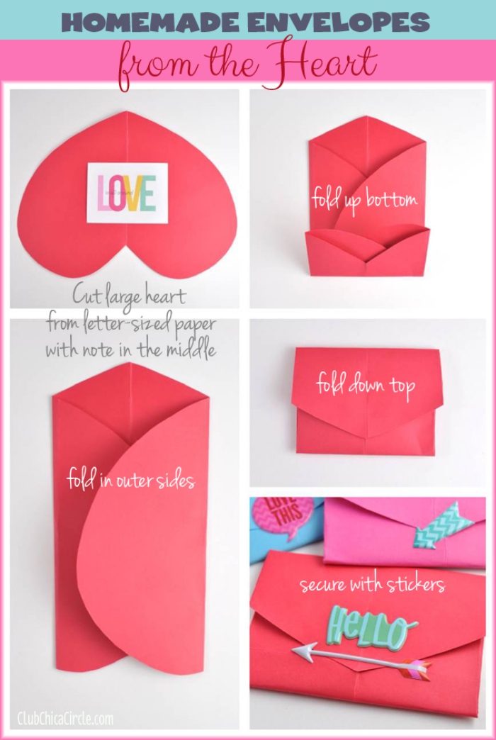 enveloppe kraft, comment réaliser une enveloppe pour la Saint Valentin avec papier rouge coupé en forme de coeur