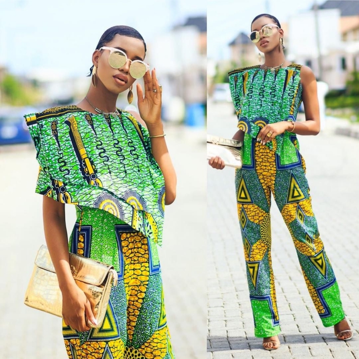 mode femme stylée en ensemble moderne style africain, vêtement pagne africain de couleur verte avec ornements en jaune et bleu