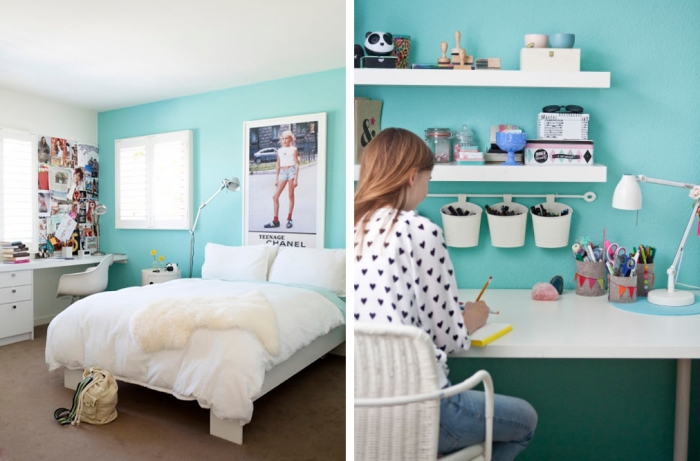 idée comment peindre les murs dans la chambre ado fille, murs turquoise avec meubles en bois peint en blanc