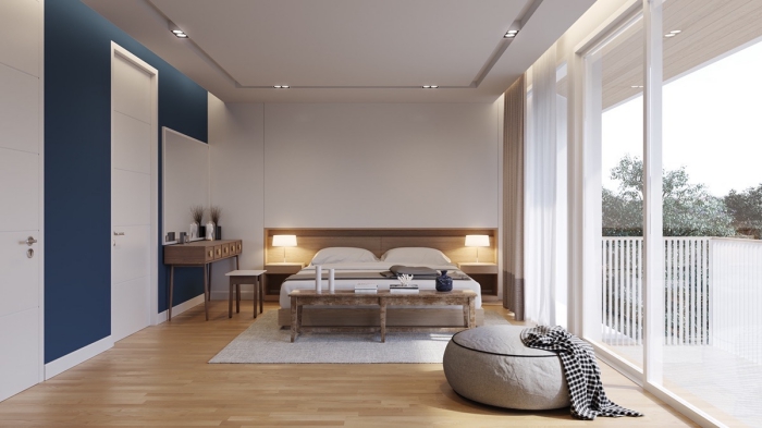modèle de chambre complete adulte avec grand lit de bois et meubles blancs sans poignées, plafond blanc suspendu avec éclairage led
