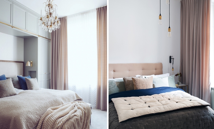 meuble chambre avec garde-robe encastrée blanche à finitions dorées et tête de lit en cuir et bois foncé