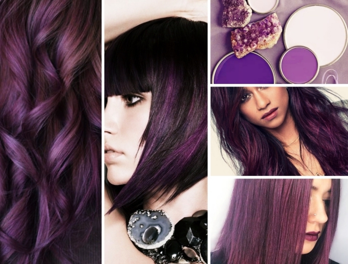 coloration violine tendance, coupe de cheveux dégradé de base noire avec mèches violettes, maquillage aux lèvres nude