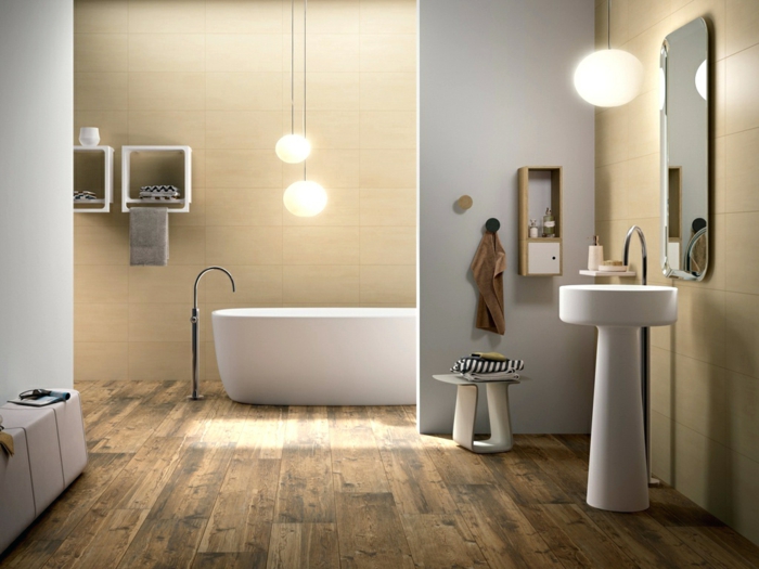 salle de bain en couleurs claires, carrelage en pierre travertin, vasque sur pied