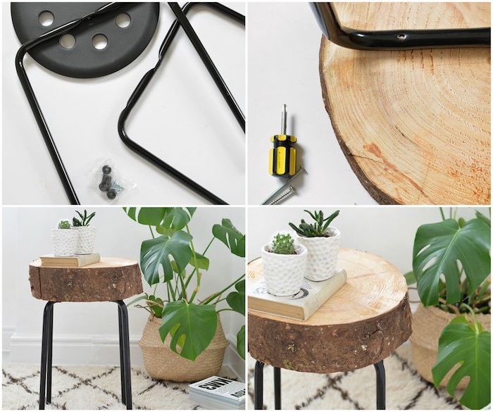 table basse bois brut en rondin de bois et pieds en metal noirs, bricolage simple et rapide étape par étape