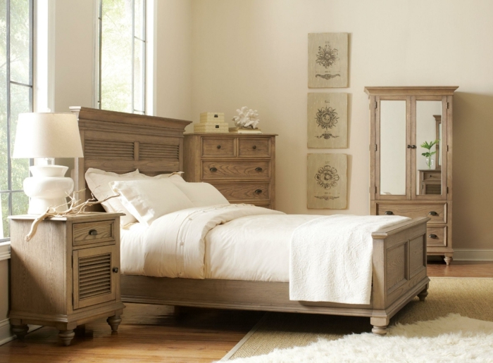 déco de style rétro et rustique avec meubles de bois et parquet bois clair, chambre avec tapis moelleux blanc