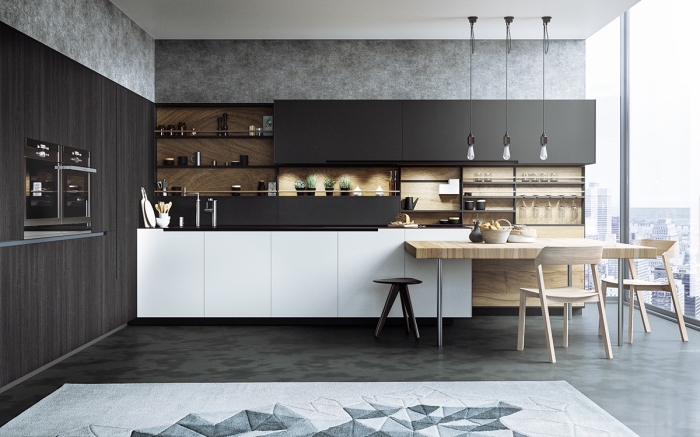 cuisine bois massif, design intérieur au plafond blanc et plancher de nuance kaki vert et gris anthracite