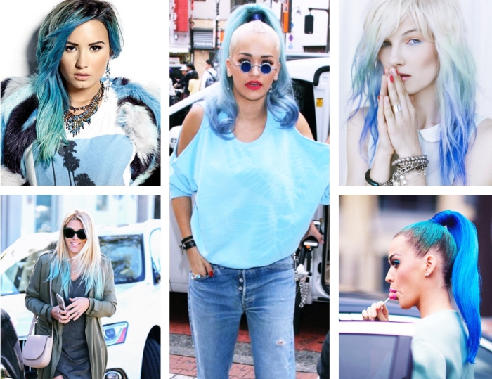 coloration cheveux, coiffure de Demi Lovato aux cheveux longs et colorés de pointes bleues, Rita Ora aux cheveux attachés en queue de cheval avec boucles bleues