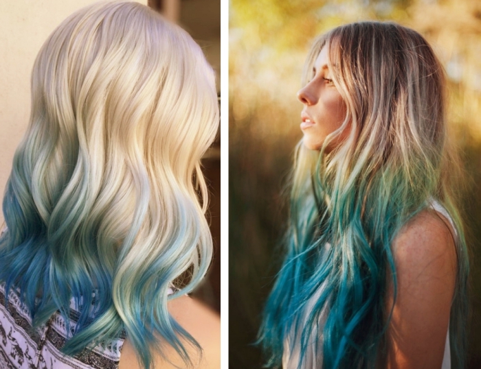coloration cheveux, coiffure de cheveux longs et bouclés avec racines châtain foncé et mèches pastel en bleu et vert