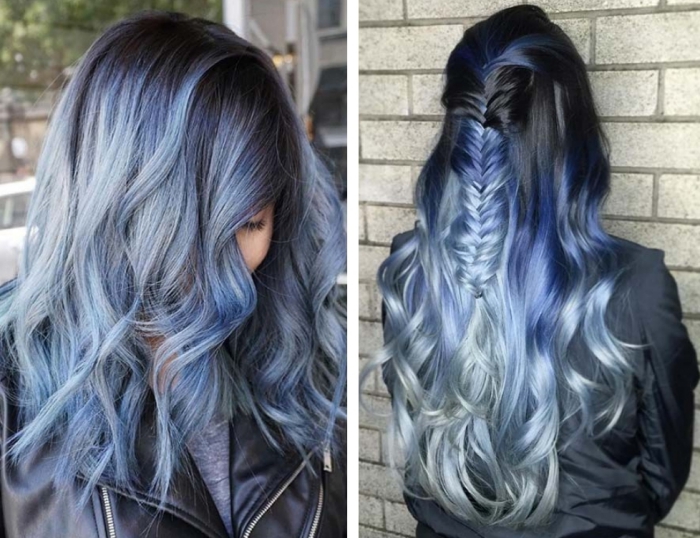 coiffure de cheveux longs et bouclés de base noires colorés avec la techniques ombré de nuance pastel gris et bleu
