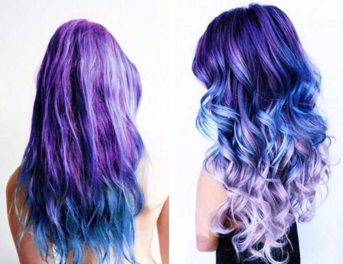 coiffure tie and dye, coloration en nuances violet et bleu sur cheveux longs et noirs, coiffure avec boucles colorées