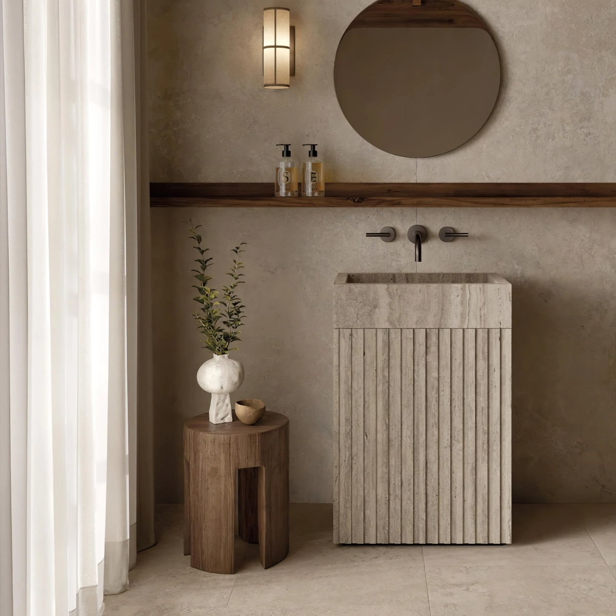 travertin carrelage deco salle de bain moderne miroir rond etagere bois fonce