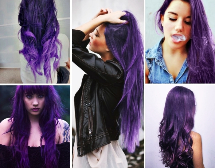 les cheveux violet pour quel visage, coiffure aux cheveux longs colorés en prune foncé ou pastel