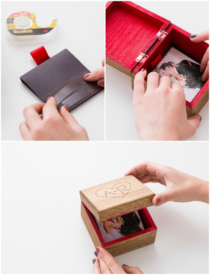 idée originale pour un cadeau pour la saint valentin à faire soi-même, une mini-boîte en bois personnalisée avec album de photos de couple en accordéon 