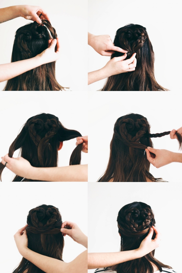 coiffure tresse, tutoriel avec les étapes pour réaliser une coiffure avec tresses attachés en forme de coeur