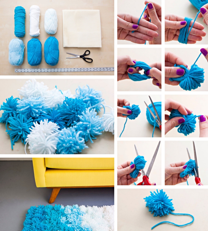 déco chambre ado fille, comment faire un tapis de pompons à design ombré avec laines de couleurs bleu et blanc