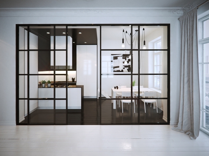 cloison vitrée, décoration de cuisine blanc et noir avec éclairage led sur le plafond et corde électrique de style industriel
