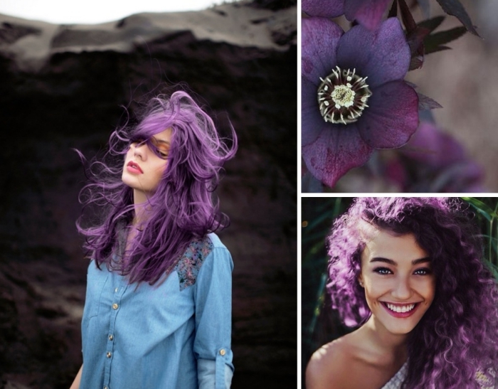 couleur cheveux violet pastel, coupe de cheveux longs et naturellement bouclés de mèches violine pastel