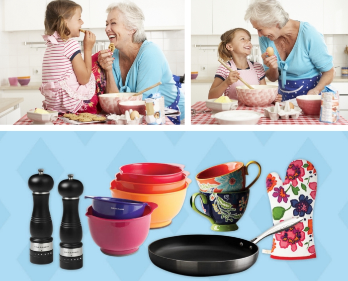 petite-fille aux cheveux châtain clair avec sa grand-mère en préparant des desserts dans la cuisine, accessoires et outils de cuisine pour un cadeau grand mere 