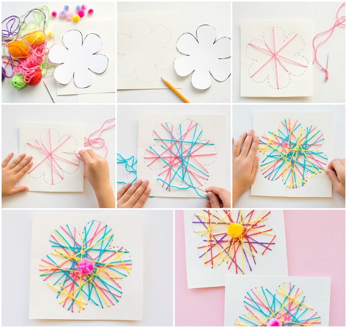 activité manuelle maternelle string art en forme de fleur pour enfants avec des fils colorés et un pompon au milieu