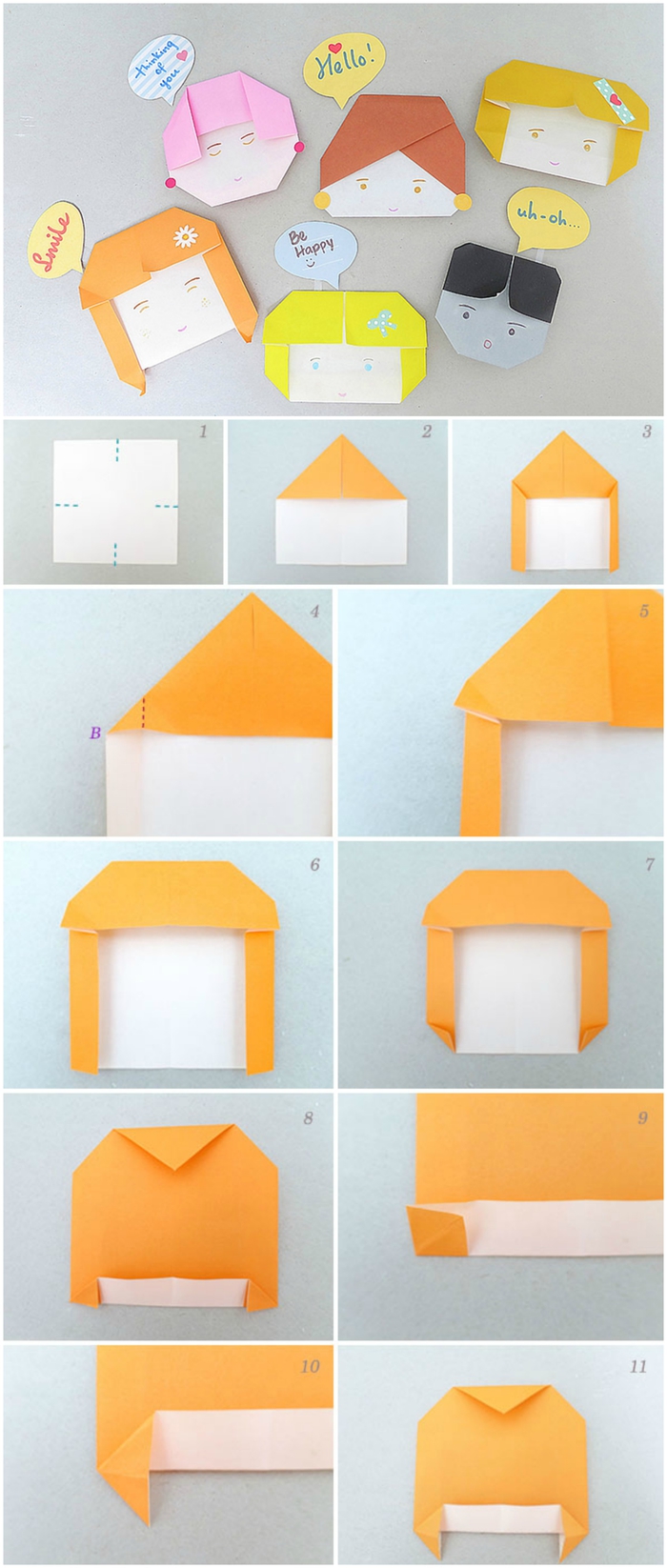 activité manuelle ludique avec des modèles d'origami enfant, têtes de personnages rigolos réalisées en papier et faciles à personnaliser 