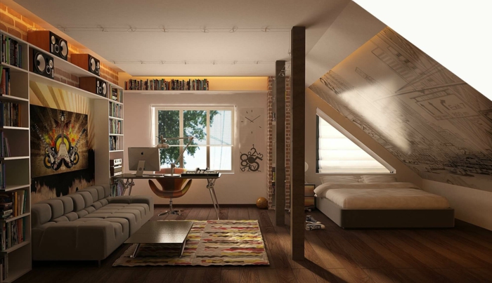 sofa minimaliste, lit sous la pente, tapis bariolé, bibliothèque minimaliste, amenagement de combles