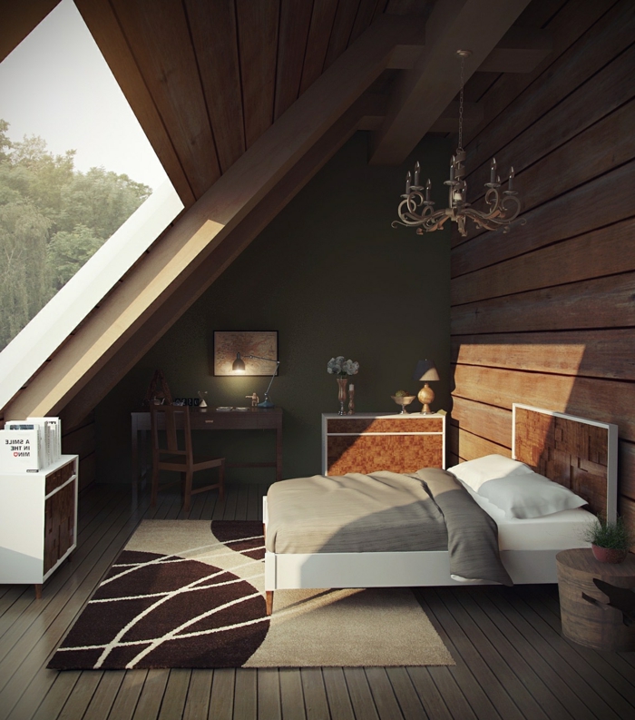 grande fenêtre dans la chambre à coucher, tapis beige et marron, parement mural bois, petit bureau