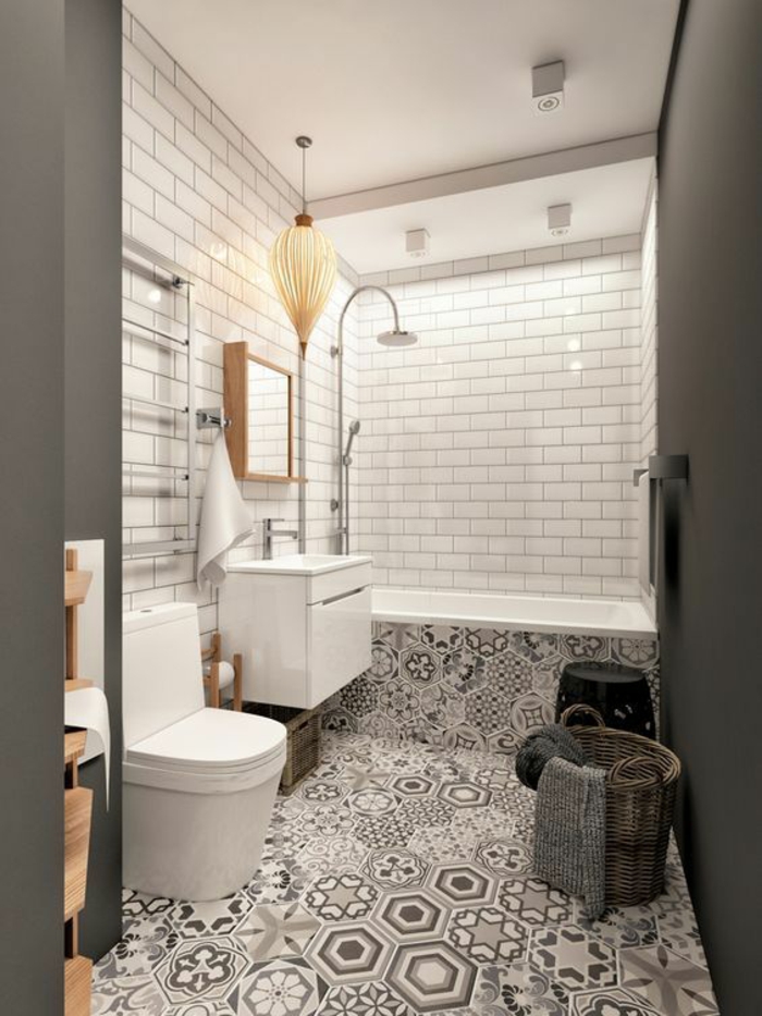 salle de bain 5m2, idee salle de bain petite surface, carrelage du sol aux motifs fleuris et arabesques, en style ancien, vintage, carrelage mural briques blanches polies, mur en gris anthracite