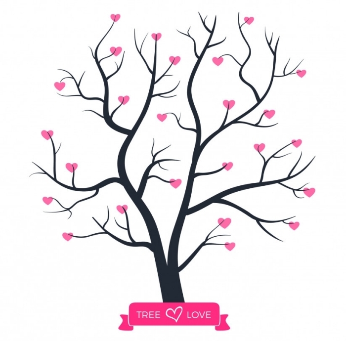 dessin facile a realiser avec arbre vierge et petits coeurs rose sur les branches, signe vrai amour sur un dessin d'amour