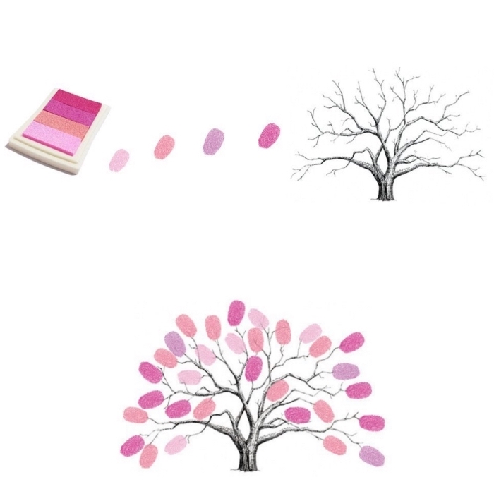 matériel scrapbooking avec tampons encreur de nuances rose et orange pour laisser ses empreintes sur le feuillage d'un arbre dessiné en blanc et noir