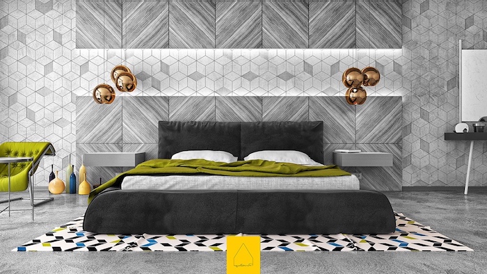 quelle couleur associer avec du gris, murs et sol gris, lit gris anthracite, couverture de lit et chaise verte, suspensions rose gold