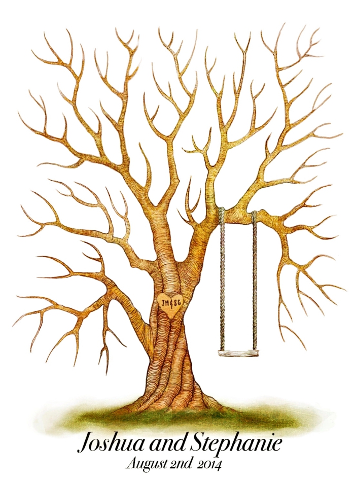 idée dessin d'arbre en couleurs aux branches marron avec balançoire et gazon vert, souvenir par des invités au mariage