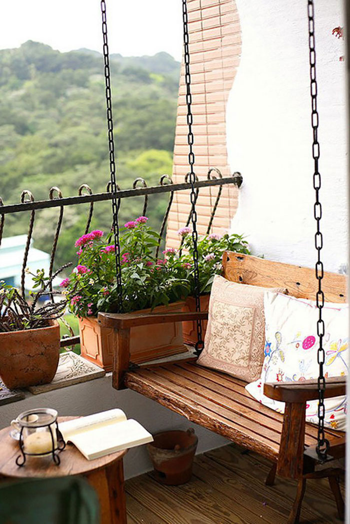 banc balancoire en bois pour balcon, fauteuil suspendu pour terrasse