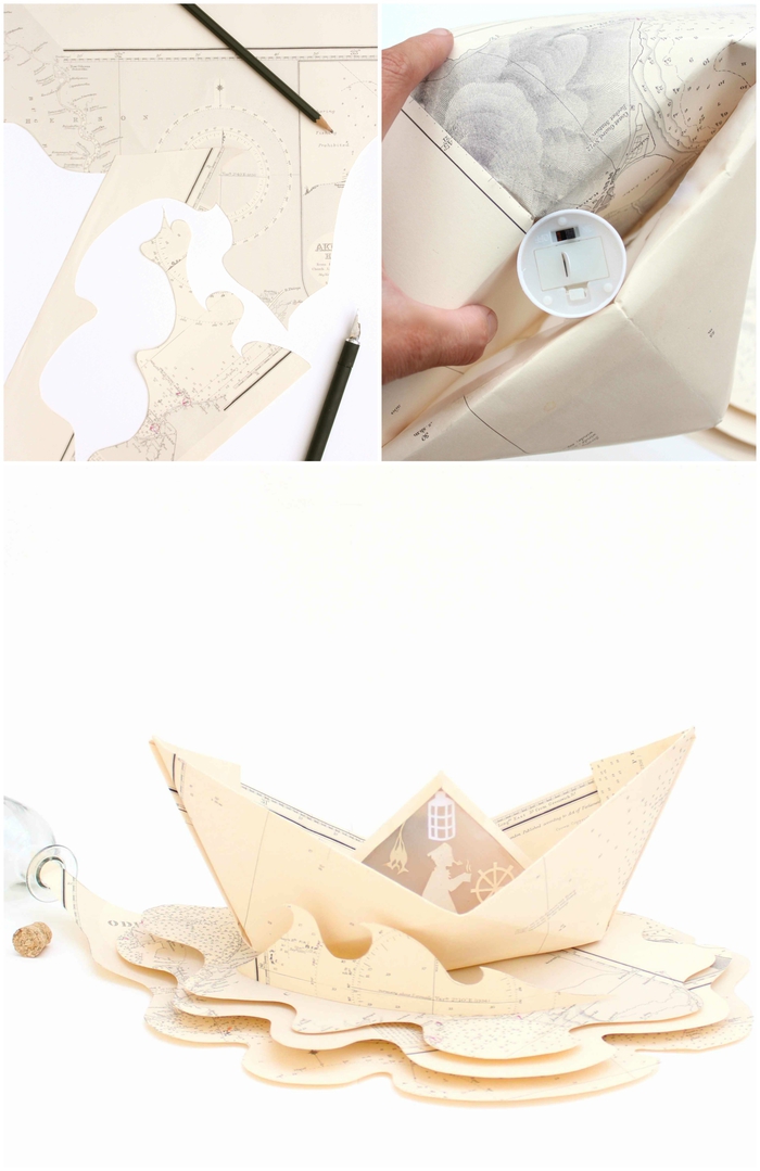 déco origami originale pour la maison, un bateau en carte maritime vintage transformé en photophore de fantaisie