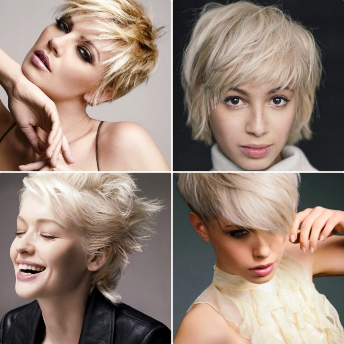 exemple de coupe courte femme blonde, cheveux déstructurés mi-longs de couleur gris pastel avec mèches blondes