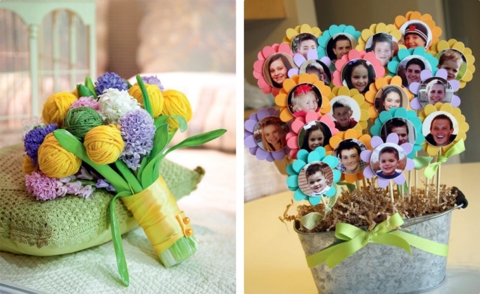 pot à fleur gris avec fleurs en papier coloré et photo de petits-enfants à offrir à sa mamie pour la fête des grands mères