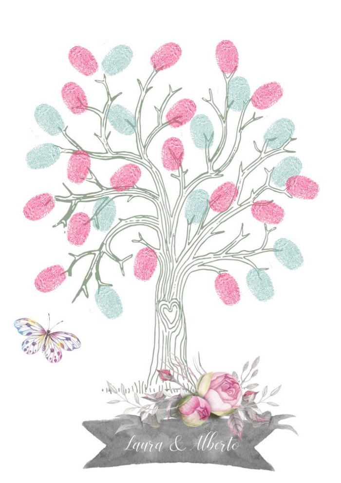 idée dessin en couleurs avec un arbre aux branches verts et petit coeur sur le tronc à décorer aux empreintes rose et vert pastel